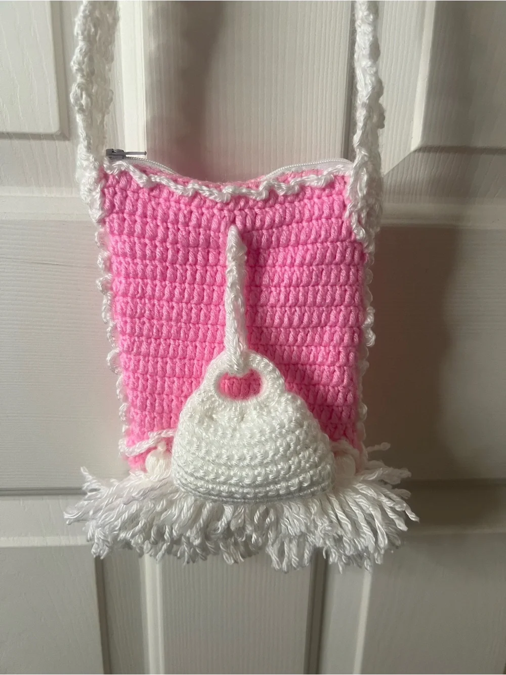 Handmade Pink & White Crochet Kids Crossbody Bag